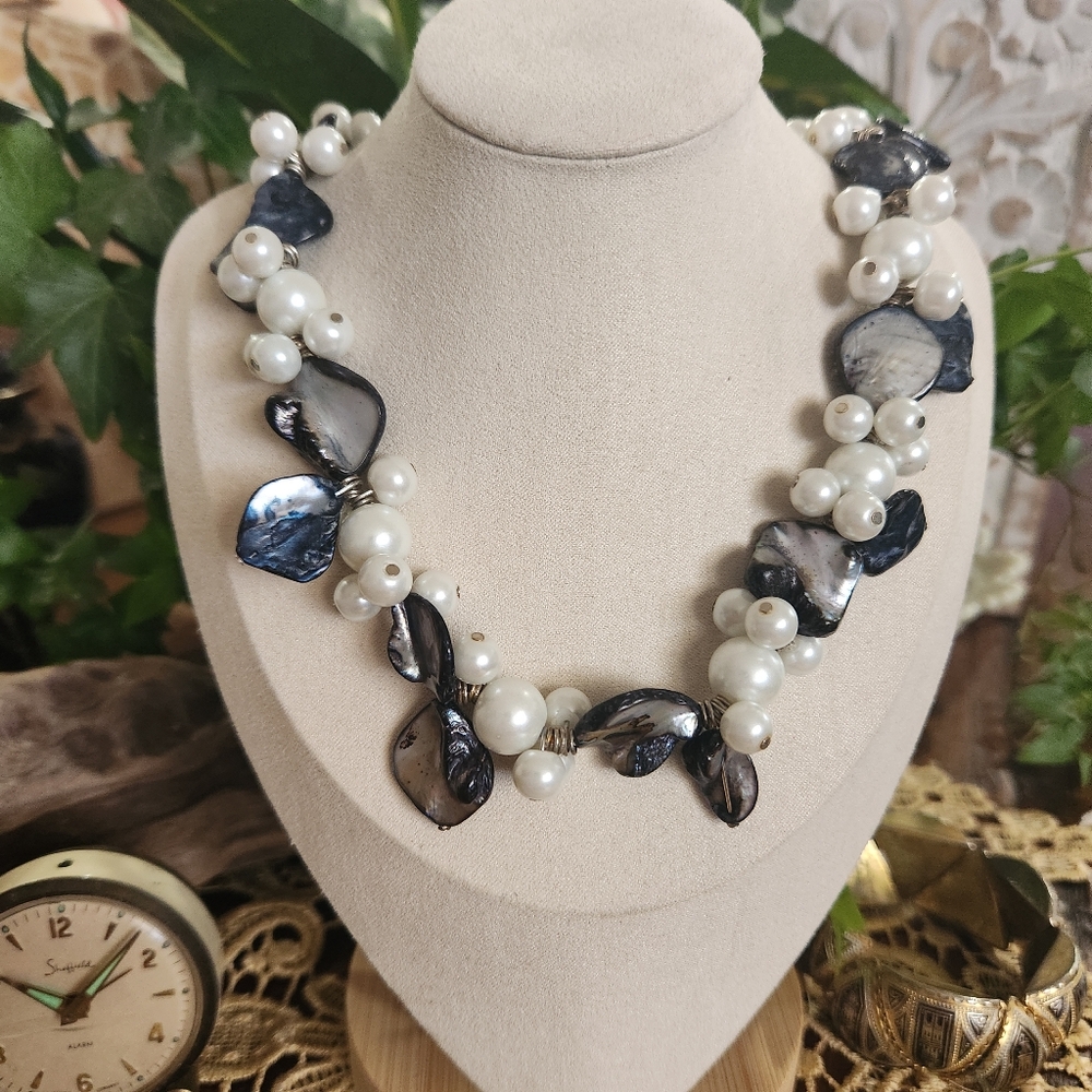 Elegant Faux Pearl and Blue Oyster Shell Necklace Chunky Seashell Ocean